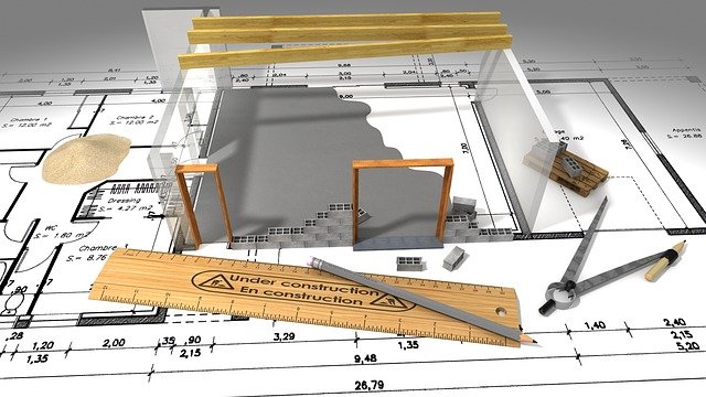 Construction diagram of building and ruler with compass