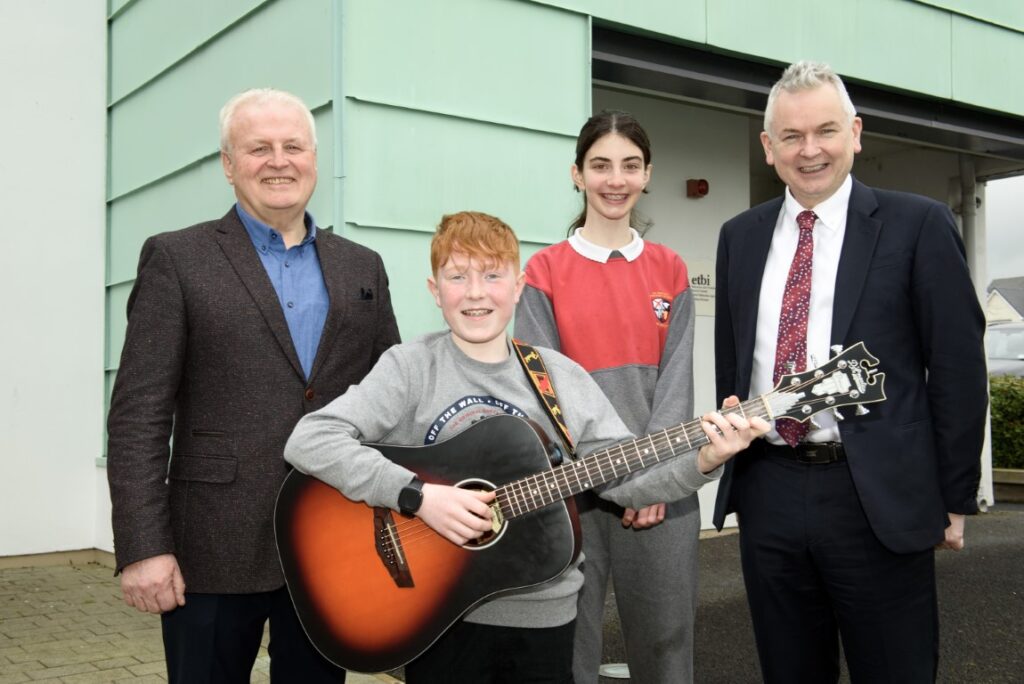Former ETBI General Secretary Michael Moriarty and current ETBI General Secretary Paddy Lavelle, with two music generation (KWETB) performers Fionn Whelan and Julie Gardiner.