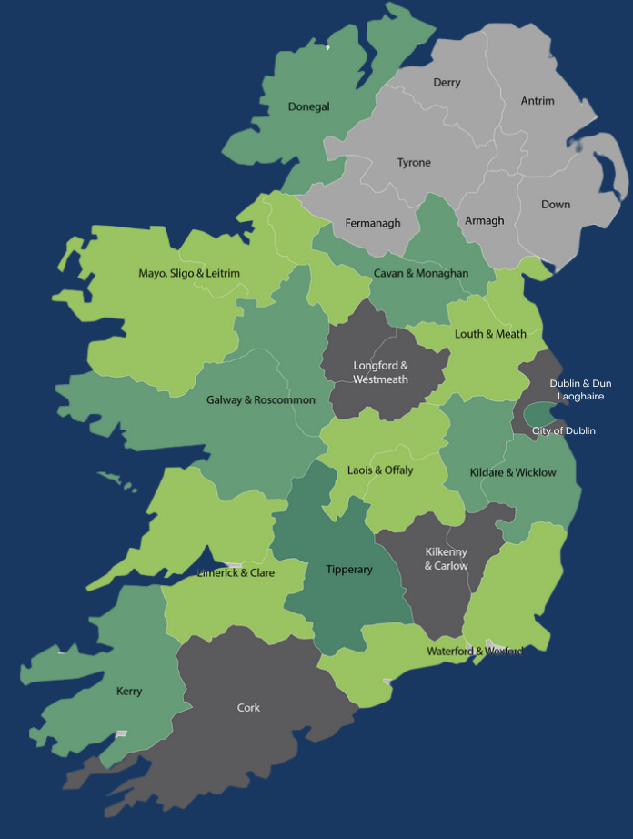 Image map of Ireland showing each location of each ETB. 