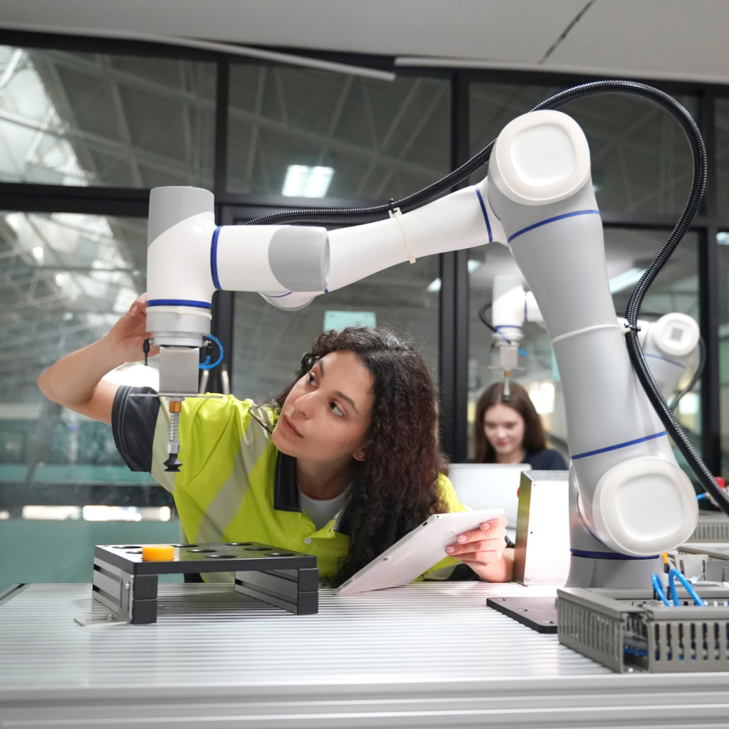 Female student using robotic arm