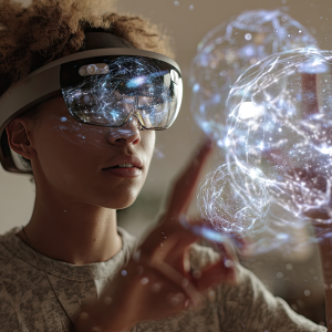 woman with VR headset pointing at holograms